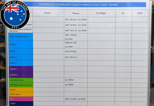 Custom Printed Dry Erase Laminated Townsville Community Health Service Daily Staff Board Business Whiteboard
